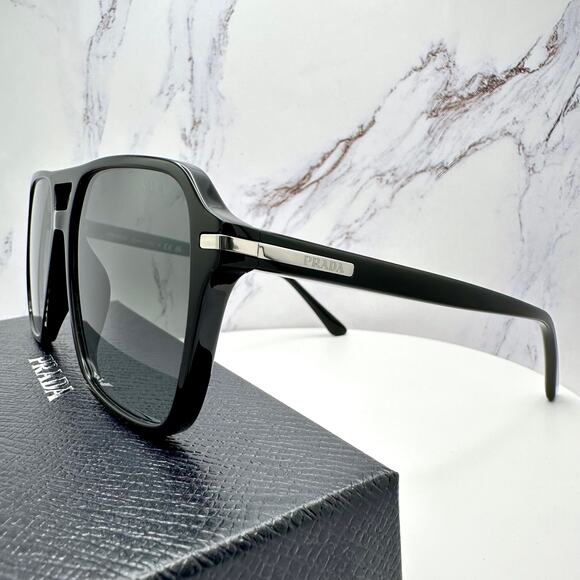 NEW PRADA Sunglasses Black Aviator Pilot 55-17mm Grey Lens Silver Logo - Picture 12 of 16